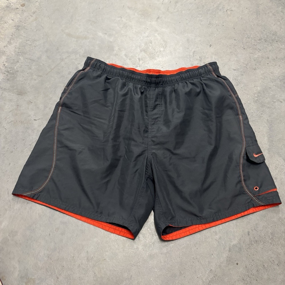 Nike Swim‎ Trunks Mens XXL Retro Gray Orange Logo Lined Mesh Pockets Shorts